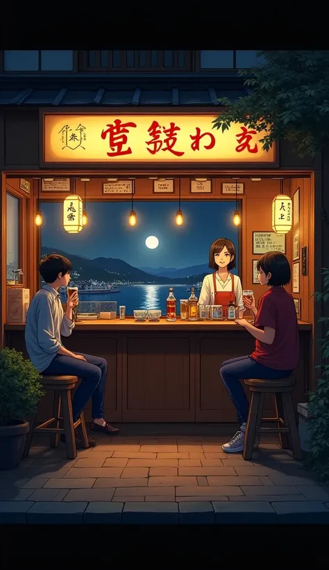 "A cozy nighttime scene inside a nostalgic Japanese snack bar called Ezo Marche. The bar features warm, dim lighting, a glowing counter with bottles of whiskey, and a welcoming owner, Marie, smiling kindly as she serves a drink. Customers sit on stools, ch...