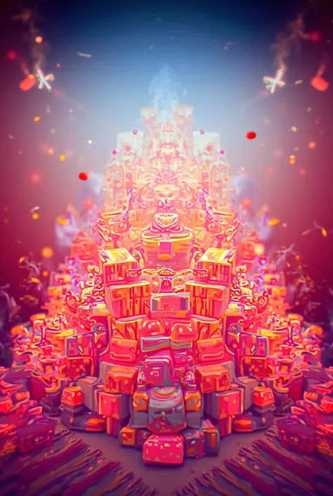 A large pile of presents with polka dot and striped decorations in bright colors on a table with a cute tablecloth in a 3D illustration style. In the background is a party scene with Happy New Year