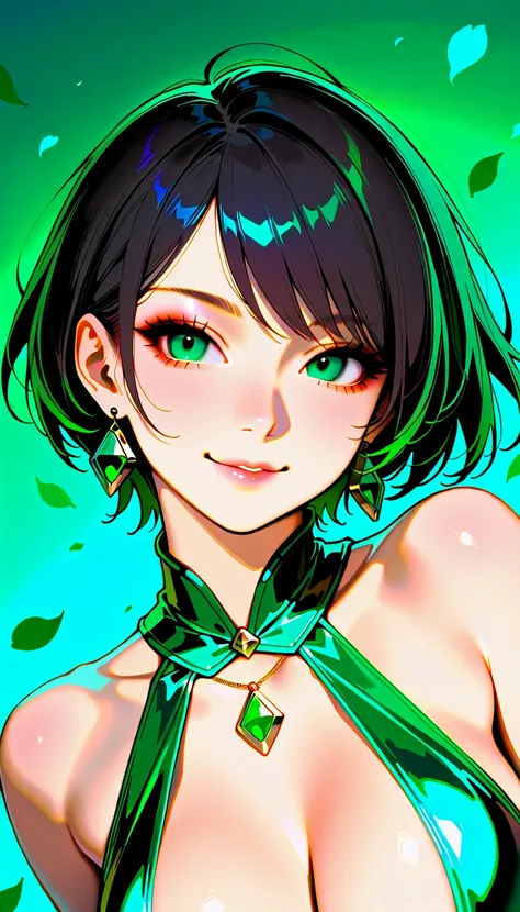 One beautiful and delicate portrait of a playful cute girl with short boyish hair, black hair, emerald green sea, mischievous smile, dancing petals, (top quality, masterpiece, ultra-realistic) and petals floating in the background