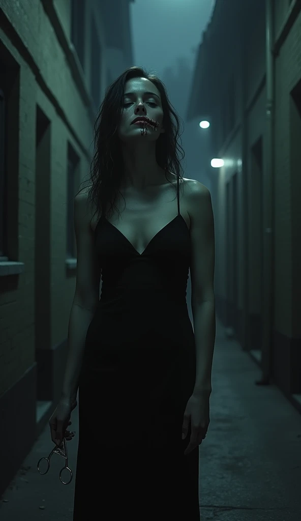 Urban legend　A woman with her side lip torn to her ear is smiling eerily　tooth　The background is a dark night back alley　Have shears　 black dress 　 cleavage