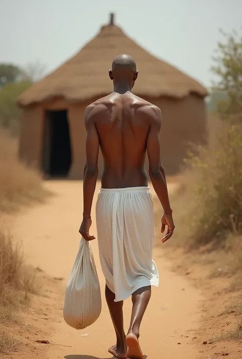 A man, wearing a white bottom only dress, fair skin, young man, bald headed,back view of him, skinny, rib cage visible, with a white cloth bag in one hand, walking to a mud house, a mud house infornt of him in distance, indian style 