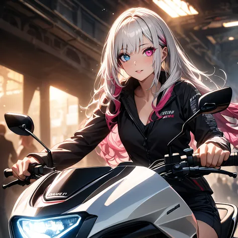 Beautiful attention to detail, Beautiful lip detail,ride on motorcycle,(DUCATI Diavel v4),Sparkle in the eyes, Perfect hands(Five fingers), perfect body, Beautiful Hair, Shiny Hair, Beautiful Skin, Detailed face and eyes, Dramatic lighting,(Highest quality...