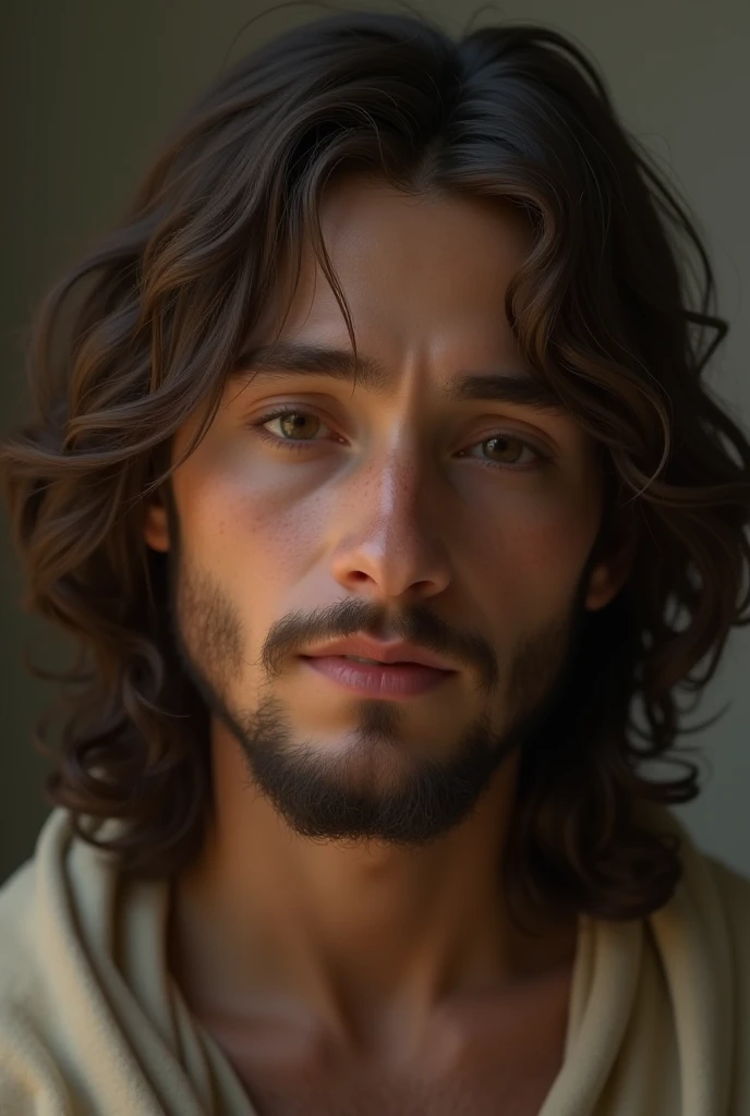 Create an ultra realistic and detailed 8k image of a young Jesus looking at us 