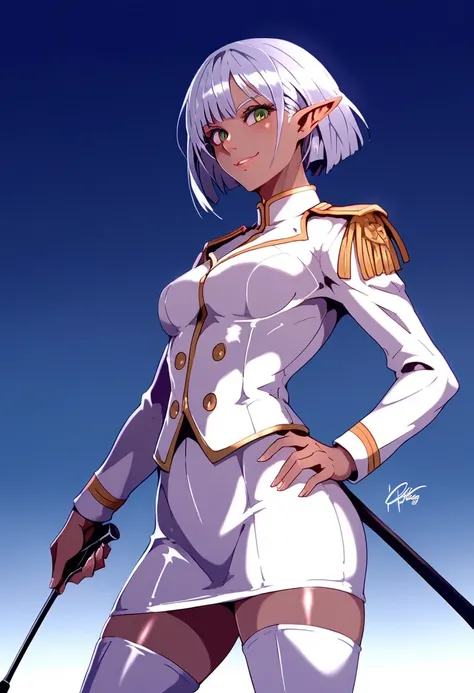 score_9, score_8_up, score_7_up, score_6_up, score_5_up, score_4_up, rating_safe, source_anime, female dark elf, solo, silver bob cut Hair, green eyes, small breasts, Shiny skin, Glossy lips, seductive smile, knee shot, BREAK, standing, holding a riding cr...