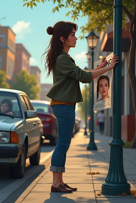 Scene 1: Woman on the Sidewalk

The scene opens on a bustling street where a woman, in her mid-30s, disheveled and visibly distressed, is standing by the sidewalk, diligently taping MISSING posters of her daughter to nearby street poles. The noise of passi...