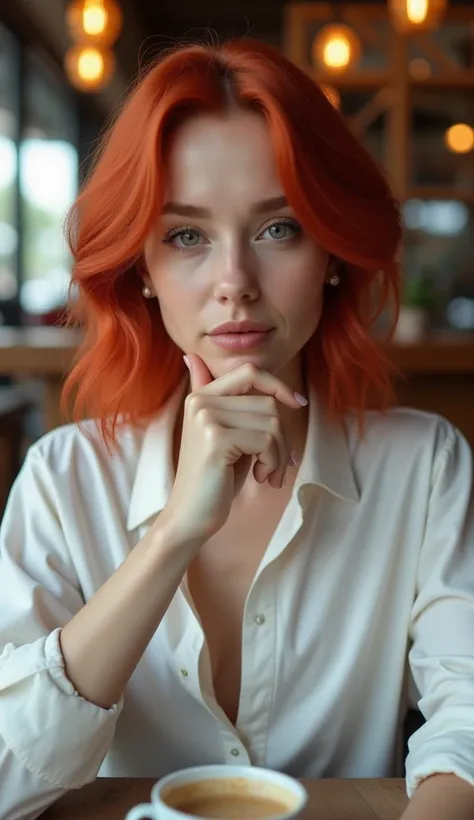 A photorealistic close-up image of a modern woman with red hair, styled in a trendy haircut, sitting at a table in a cozy café. She is wearing a white blouse and looking directly at the viewer with a thoughtful expression. The background includes warm tone...