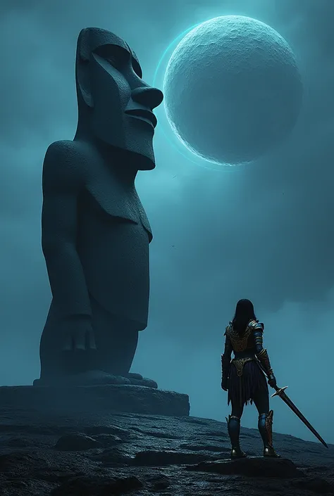 real, realistic ,8k,  super high res,A giant moai statue on the surface of the supergiant meteorite , Moai statue of a machine ,night、 Moai of a machine has an open mouth 、 Moai emits a circular laser light through its mouth、Moai group 、 Fighting Female Wa...