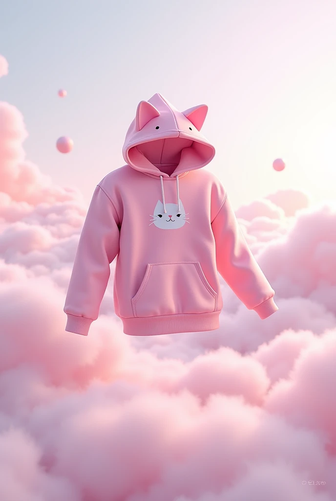 A surreal image of the pink hoodie with the cat design floating in a dreamy landscape with pastel colors and soft lighting