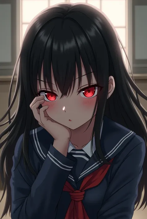 A black-haired schoolgirl , red eyes with an angry but not intimidating expression