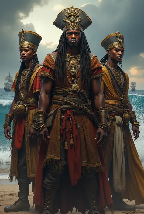 A pirate character design of dark skin men and women with west African and Egyptian dressing inspiration 