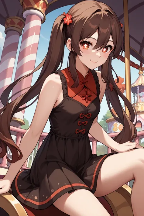 score_9, score_8_up, score_7_up, source_anime, hutao, long hair, bangs, brown hair, red eyes, hair between eyes, twintails, sidelocks, symbol-shaped pupils, carousel, sitting, riding,, blush, smile, casual dress, solo,,