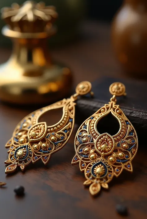 there are two earrings that are sitting on a table, a picture by Emma Andijewska, instagram, arabesque, ornate and intricate jewelry, intricate gold elements, highly detailed gold filigree, intricate set, gold ornate jewely, gold inlay, highly intricate de...