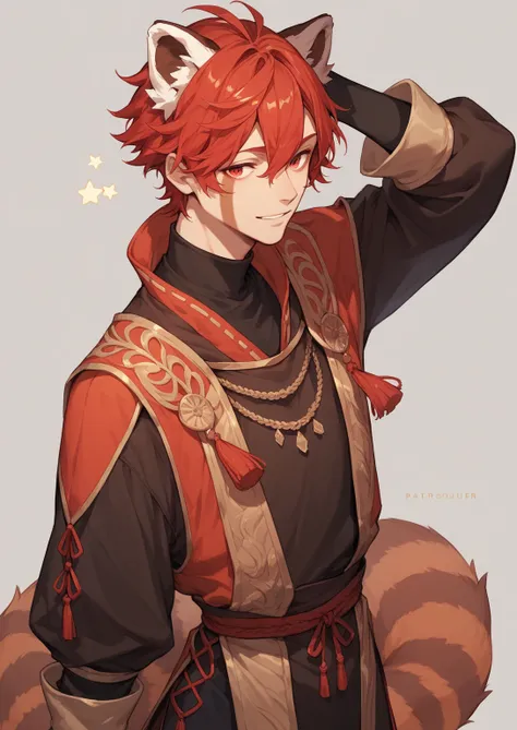 Semi real anime style  a cheerful, male with red hair, red panda ears, red eyes, and a black and brown man Adventurer outfit . no human ears