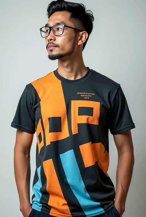 a man wearing a T_shirt with PPI written on it with a unique orange, blue and black design. there is a small inscription of "Persahabatan Penulis Indonesia"