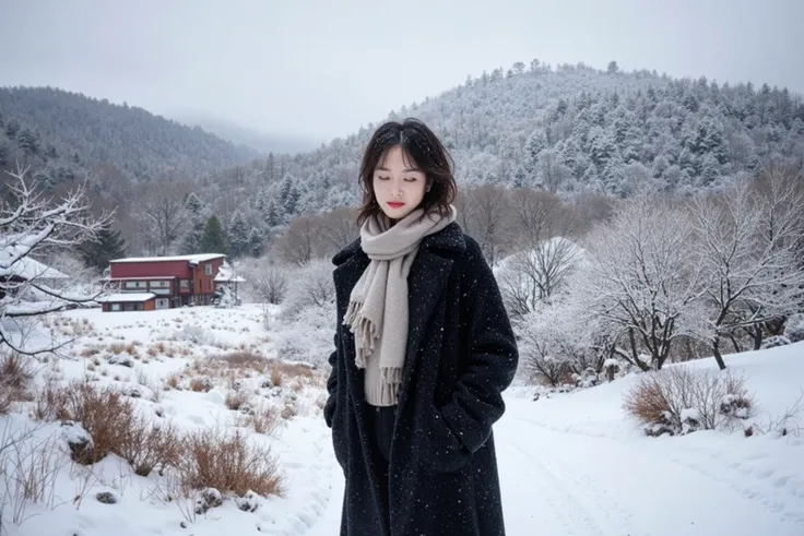   A Korean woman in her 50s wearing a luxury sweater and black coat who closes her eyes softly.  Inspired by movie star Son Ye-jin.  short haired . Im standing in the snow . Looking at the camera. Heavy snowfall, Its snowing .  short haired .  Im wearing a...