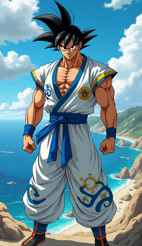 A warrior inspired by Goku from Dragon Ball, wearing clothes in light blue and white, representing the Uruguayan flag. He dons a kimono decorated with a golden sun and wave-like lines evoking the sea. Background with the Rio de la Plata and coastal landsca...