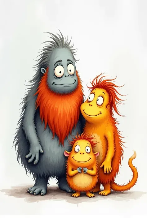 a hand-drawn, watercolor cartoon drawing , From a monsters family at Christmas , chubby and cute gray dad with a red-orange beard , little yellow baby tender little redhead short and standing hair , mom lila chubby cute long reddish hair , all hairy and su...