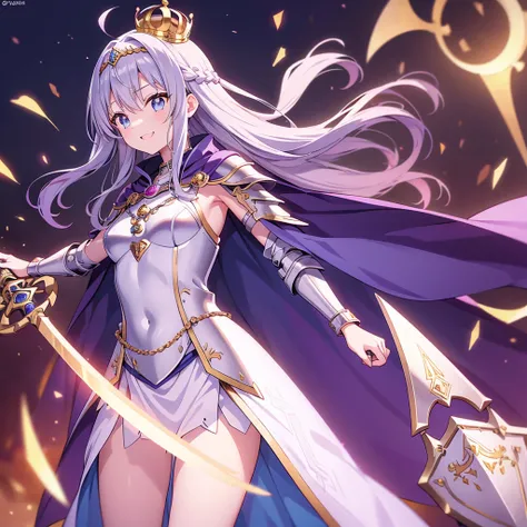 Background Clear, girl 、Brave、 Beautiful and Graceful Armor 、 Plate Armor 、 chainmail、Cape、Cape、 small crown、 tiara 、Amulets、during、 Bracelet 、ring、A large legendary sword engraved with  magic al powers and symbols.、 Strong Shield 、courage、decisiveness、Lea...