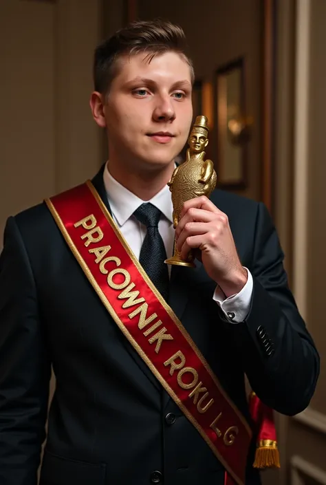 this guy from the photo in a suit, we can see him whole, he is holding a golden pusher, slightly raising it to the height of his face, above his head there is a ribbon with the inscription "PRACOWNIK ROKU LG"