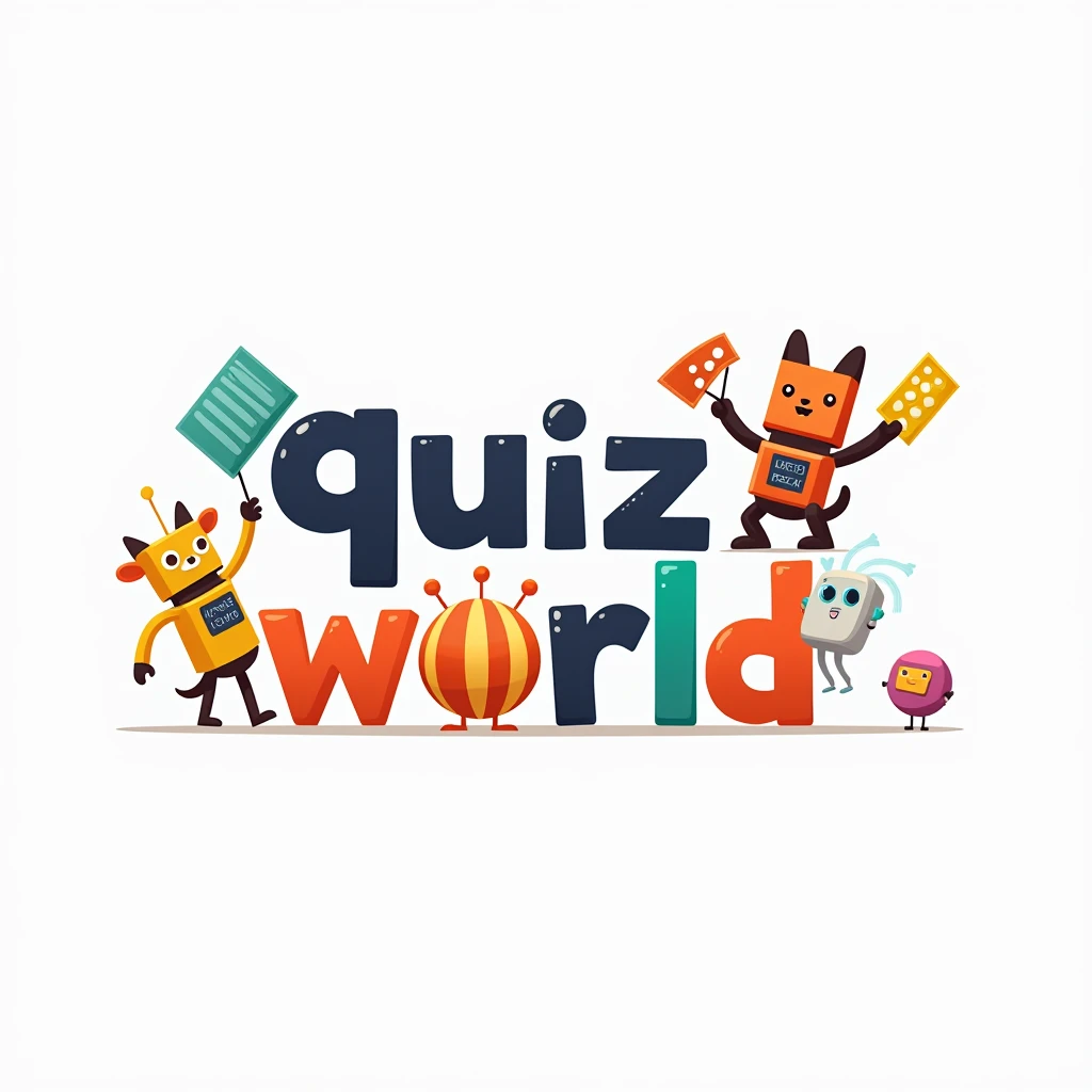 A simple, clean design with "Quiz World" written in a fun, cartoonish font, surrounded by cute characters like animals or robots holding quiz cards.