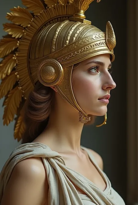 a close up of a woman in a helmet and a bird, greek goddess athena, athena goddess of wisdom, the god athena, athena, golden goddess athena, venus godness athena, she-ra, she - ra, greek goddess, stern like athena, goddess of greek mythology, by Olivia de ...