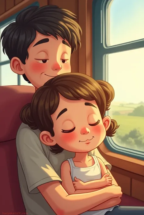 A young girl sleeping on boys right s houlder in a train journey. Cartoon 