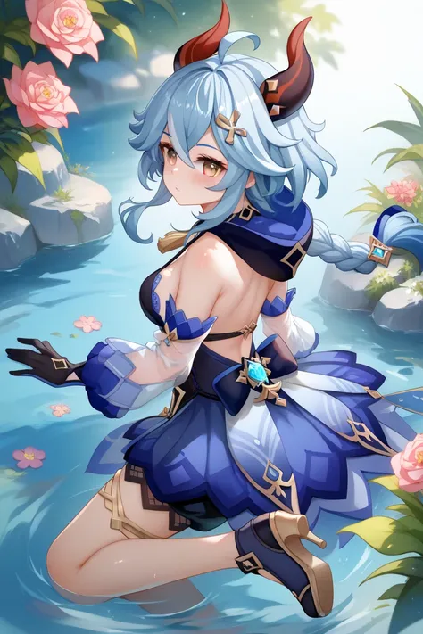 masterpiece,Ultra HD, 1girl, ((young)),solo, small, petite, brown eyes, blue hair, ahoge , back_bow, backless_outfit ,black_footwear ,black_gloves ,black_shorts, blue_dress , braid ,breasts, cleavage ,detached_sleeves, dress, flower, flower_knot, gloves ,h...