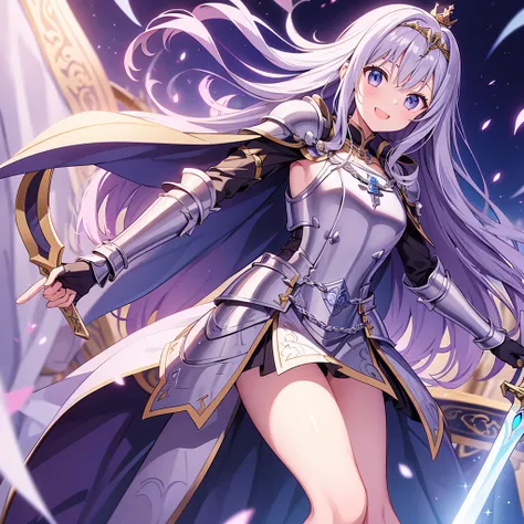 Background Clear, girl 、Brave、 Beautiful and Graceful Armor 、 Plate Armor 、 chainmail、Cape、Cape、 small crown、 tiara 、Amulets、during、 Bracelet 、ring、A large legendary sword engraved with  magic al powers and symbols.、 Strong Shield 、courage、decisiveness、Lea...