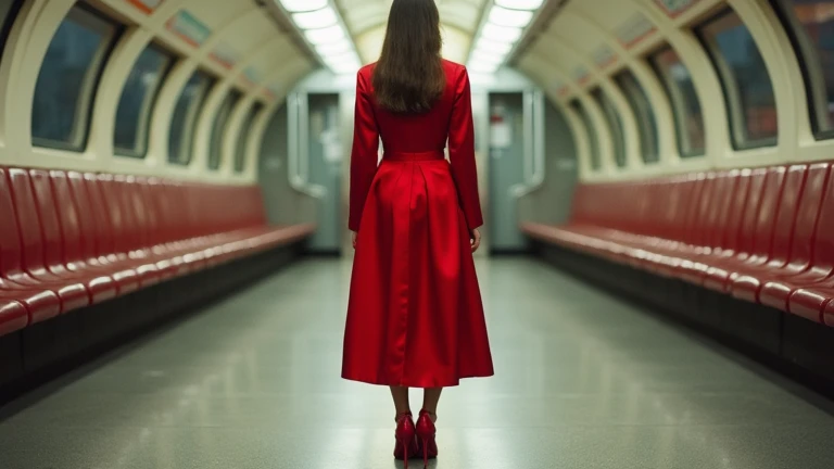 classy lady in red satin skirt and red satin coat with red satin high heels in metro station, rear view