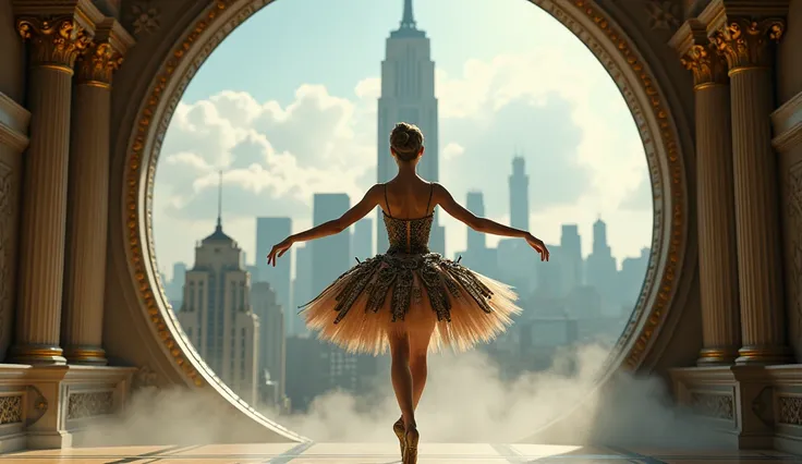 Create a steampunk-inspired image featuring a graceful ballerina standing on one leg in an opulent, ornate room. The ballerina should be dressed in a detailed mechanical tutu adorned with gears and metallic elements. The background should feature a large c...