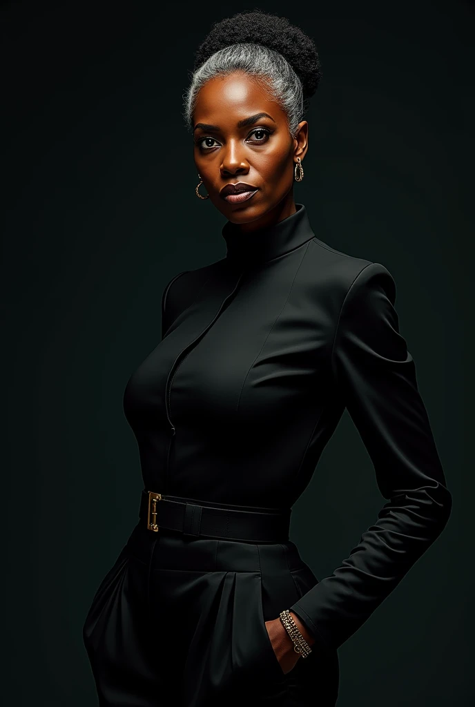 A 50 year old african women, wearing black fashion clothing, shaded graphic novel art