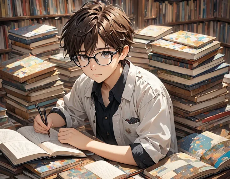 A  boy with brown hair and black eyes, wearing glasses and his hair is short and a little messy. He looks like he loves books very much.