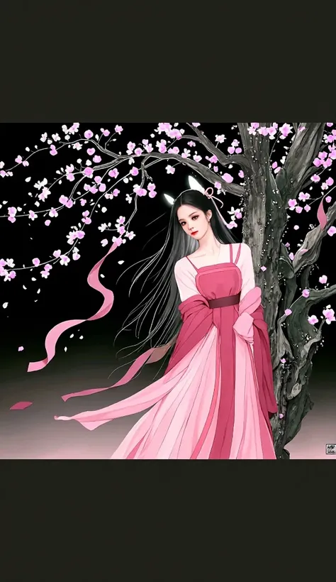  A beautiful woman wearing a rose-red ancient Chinese costume， and leaping up in the sky with a cherry blossom in her hand ，Petals are flying next to it ，32K high-definition picture quality