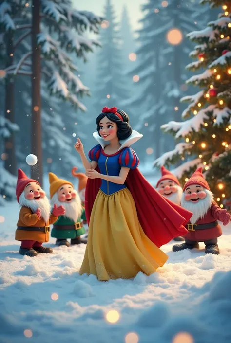 
“Ultra Hd 8k ,  An ultra realistic scene of Snow White playing in the snow in a Christmas atmosphere. realistic, She wears her classic suit :  blue bodice with red details , yellow skirt and red cape .  Snow White is smiling and throwing snowballs ,  whil...