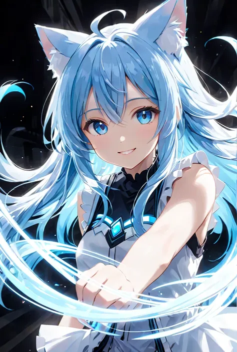  1 girl,  long hair,  blue eyes, Blue Hair/ light blue hair,  high res, Cat ears,  smiles, Optical illusion,  movie light effect,  anime style, 