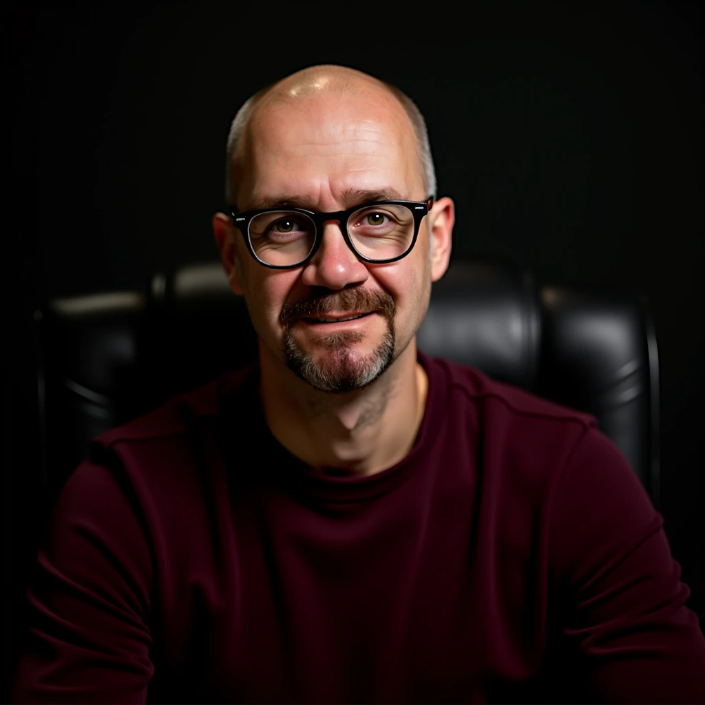 Hyperrealistic photo. 18K. The smallest details. Portrait of a completely bald, slightly smiling man. (There is absolutely no hair on his head). He is wearing round glasses with a thin black frame. The man is wearing a dark red sweater. He is sitting in a ...