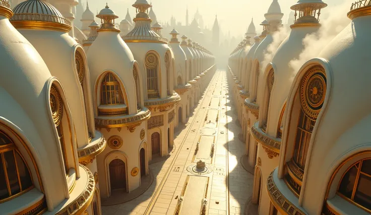 A breathtaking steampunk city viewed from above, with sleek, aerodynamic buildings in creamy white, their curving architecture blending Victorian elegance with futuristic design. The buildings feature intricate golden lines and brass accents that gleam in ...