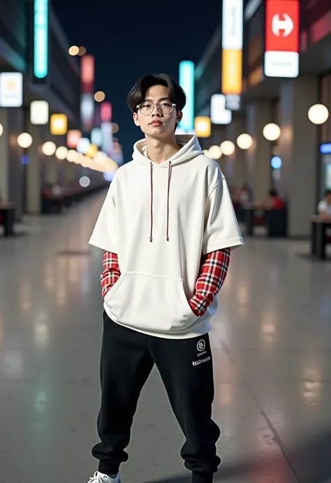 Cinematic shots of futuristic nightclub with DJ buttons . A handsome boy s a of Chinese origin with short dark hair and good looks wearing an oversize red Checkered shirt open with white Hoodie long Sleeve, black trousers jogger, sneakers, eyewears. He tou...