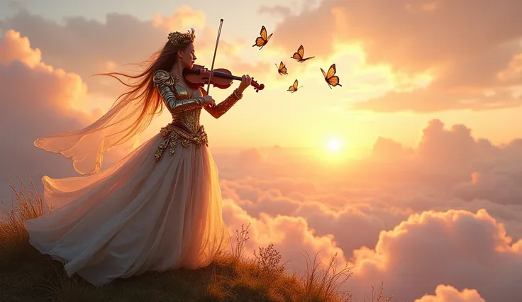 Image Prompt: Steampunk Violinist Among the Clouds

Create an image of a graceful steampunk violinist standing on a vibrant, grassy hilltop above the clouds at sunset. She is dressed in a magnificent suit of ornate brass and copper armor, artfully blending...