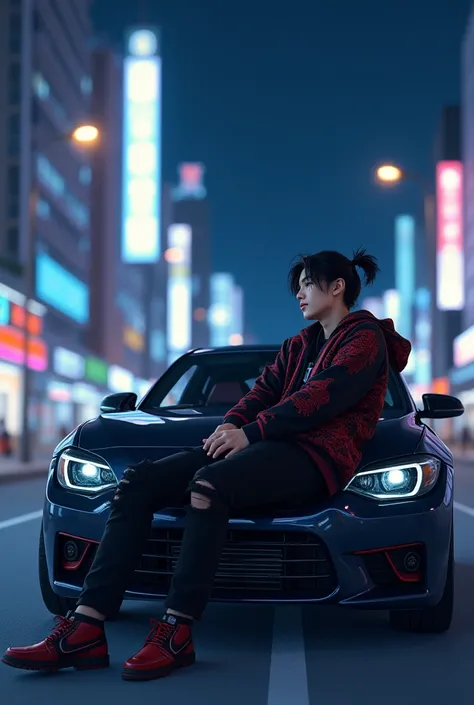  Handsome Korean man with shoulder-length hair d small back pigtails in blue black , wears a black dragon patterned jacket in red color , wears black jeans , torn d knee ,Black buts shoes posing sitting in a racing car while staring towards the front with ...