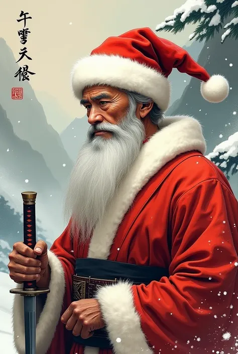 A distinguished elderly man with a long white beard, wearing santa clous hat, dressed in a traditional red kimono with intricate details, blending the look of Santa Claus and a samurai. He is holding a katana with a calm, powerful demeanor. The background ...