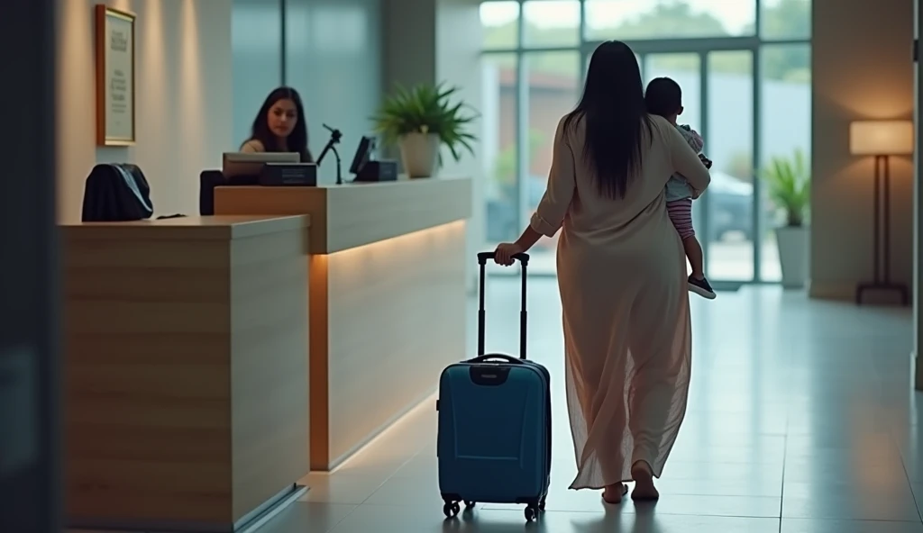 Here is a detailed prompt you could use:  

"Create a CCTV footage-style image showing an Indian woman standing at the reception desk of a hotel. She is holding her four-year-old  in her arms, and a medium-sized blue trolley bag is placed beside her on the...