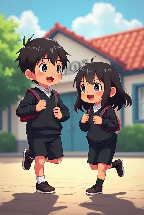 Two elementary school students playing in the schoolyard、Clothes are black Montpey、smile、 school with red roof in the background