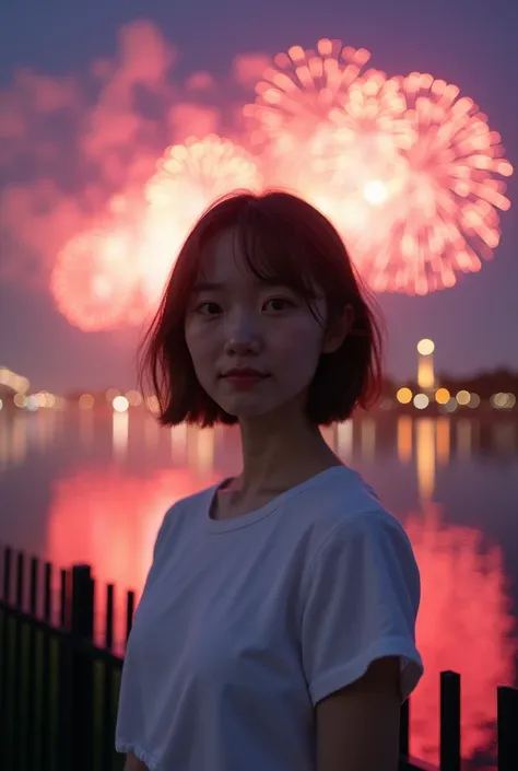 A full-length portrait of a beautiful 18-year-old woman with short brown hair, standing straight in front of the camera. A woman wearing a white short-sleeved top.
Fireworks in the background
The background features calm water reflecting the bright colors ...