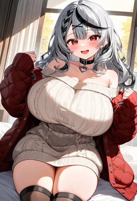 ( top quality  , 8k , masterpiece ),  girl  , young , 1 person , sakamata chloe ,  hololive  , Silver Hair , Big Breasts , smile ,  like heaven ,  red cheeks  , Tanimachis emphasis  , A rich variety of skin tones  , (  off shoulder sweater dress , thigh-hi...