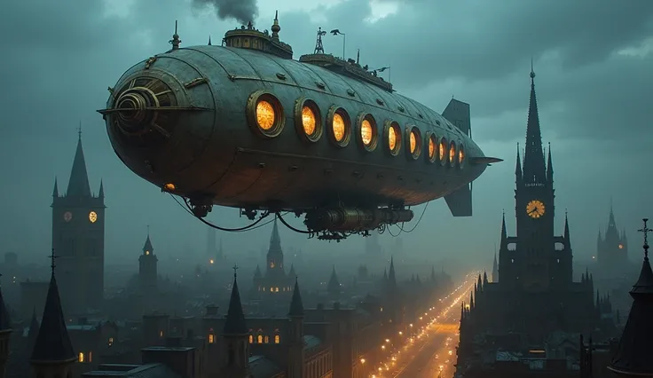 Image Prompt: Steampunk Airship Over Gothic Cityscape

Create an image of a grand steampunk airship floating majestically above a sprawling Gothic city at twilight. The airship is intricately designed, featuring a round, metallic body with brass details, n...