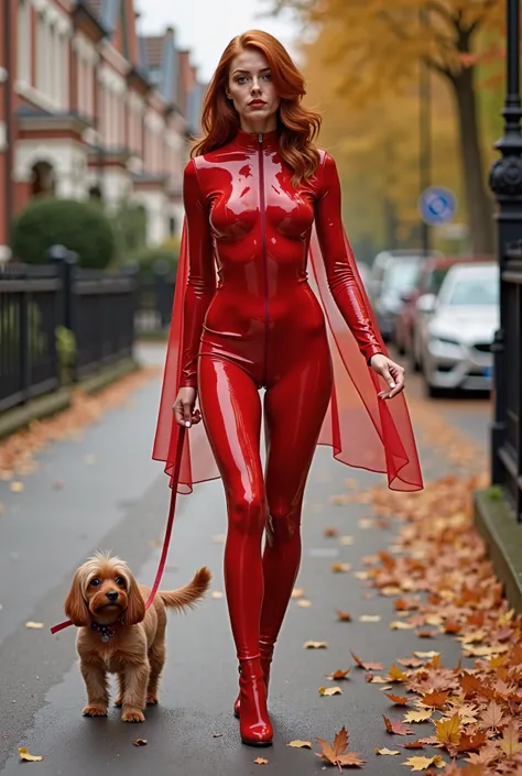 Jeune fille avec des cheveux roux très sexy et une natte tressée. Elle est en body latex rouge transparent très échancré. Elle a des cuissardes rouge brillant qui monte a mi cuisse. Elle a une grande écharpe qui flotte avec le vent. Elle tourne la tête ver...