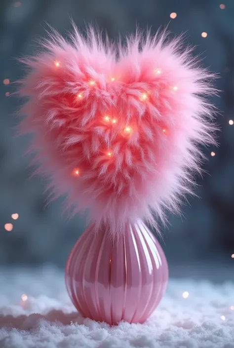  A fur bouquet of hearts in the form of fur °mink° ultradetail ^ stands in a tyl fur vase° inner pink glow^litmis UltraHD°White snow° fantasy 