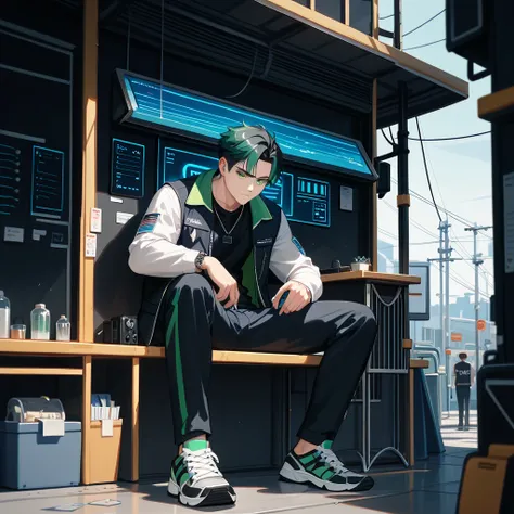 score_9, score_8_ up, score_7_ up,((8k)),source_anime,1boy,university student,(((Alone))),  Stable ,Xiucai,BREAK black hair short,Dark sea blue inner color, mint green eyes,#375752,#5A9E8F,#D1E8E2 