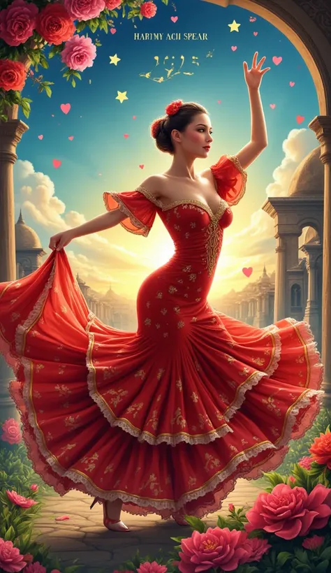 Create a captivating 16K UHD sketch of a mesmerizing flamenco breathtaking fascinating the cutest one of a kind dancer, with bold written ((2025)) Happy New Year,  real lifelike embodying elegance and charm. Picture a beautiful, enchanting woman, close up,...